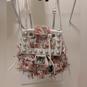 Alex Max Gipsy Fabric Fringe adjustable straps backpack, white multi
